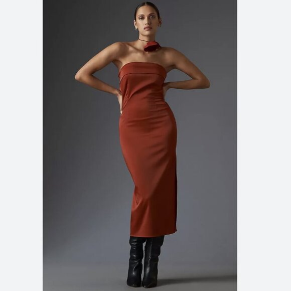 Anthropologie | NWT Strapless Cowl Back Midi Dress Satin Red Rust Size M - Picture 2 of 13